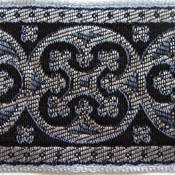 BYZANTINE pre-cut Jacquard trim odd length pieces in metallic antique silver on charcoal grey and black. 1 5/8 inch wide. Brocade 958-L