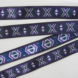 DESERT RIDE Jacquard trim in purple, green, white on black. Sold by the yard. 1 inch wide. 2086-A tribal trim South western trim image 3