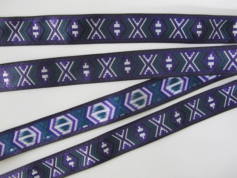 DESERT RIDE Jacquard trim in purple, green, white on black. Sold by the yard. 1 inch wide. 2086-A tribal trim South western trim image 3