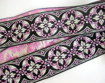 MORESQUE Jacquard strap. Pink, white on black. 2 inch wide. Sold by the yard. 961-C Embroidered trim wide trim