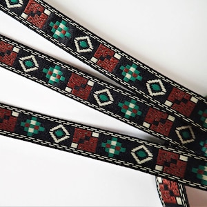 COSTA RICA narrow mini Jacquard trim in Brown, Green, Yellow on Black geometrics. Sold by the yard. 1/2 inch wide. 2100-A, Western wear trim