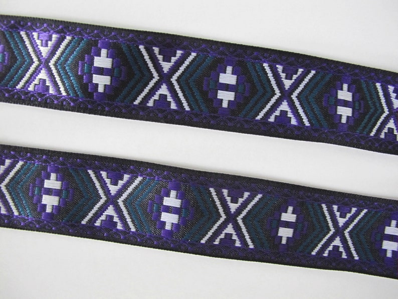 DESERT RIDE Jacquard trim in purple, green, white on black. Sold by the yard. 1 inch wide. 2086-A tribal trim South western trim image 4