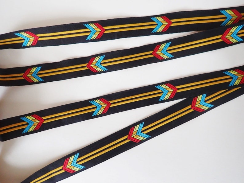 FLECHAZO Jacquard trim in turquoise, red, mustard yellow, off white on black. 3/4 inch wide. Sold by the yard. 2109-A South Western trim image 2