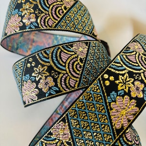 KIMONO Jacquard trim in turquoise, pink, gold on black. Sold by the yard. 1 3/8 inch wide.  702-A. Japanese kimono trim