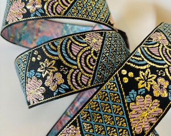 KIMONO Jacquard trim in turquoise, pink, gold on black. Sold by the yard. 1 3/8 inch wide.  702-A. Japanese kimono trim