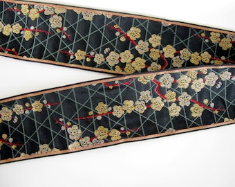 SAKURA Jacquard trim Antique gold, red and green  on black. Sold by the yard. 2 inch wide 2073-A Japan trim. Cherry blossoms, kimono trim