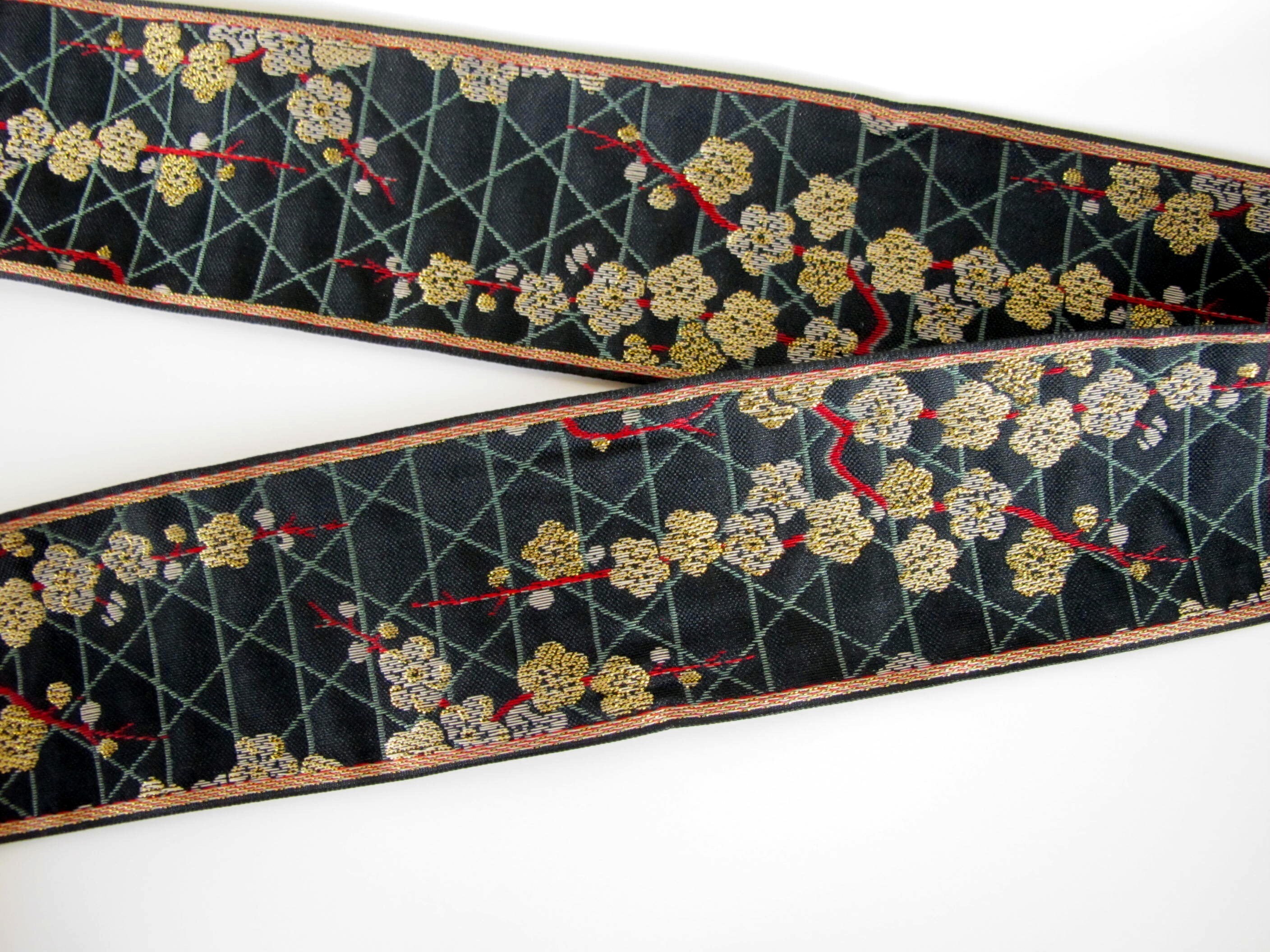 SAKURA Jacquard trim Antique gold, red and green  on black. Sold by the yard. 2 inch wide 2073-A Japan trim. Cherry blossoms, kimono trim