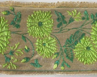 KIMONO KIKU Flowers Jacquard trim apple green, emerald green on gold. Sold by the yard. 1 5/8 inch wide.  2024-A Metalic trim, gold