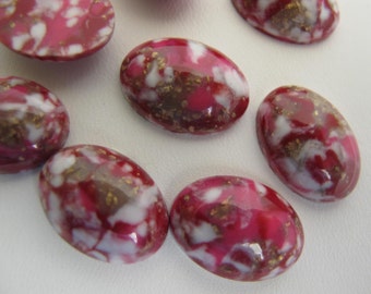 8 Vintage Lucite Cabs 13 x 18 mm Gold and White flecks in Deep Raspberry and Ruby Red