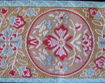 MARIE ANTOINETTE Jacquard trim in wine red, aqua, on beige, with aqua edges. 1 1/2 inch wide. 319-C embroidered ribbon