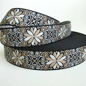 ICELANDIC Pinwheels Jacquard trim. Beige, white on black. Sold by the yard. 1 1/2 inch wide. 960-C Strap, guitar strap trim, camera strap