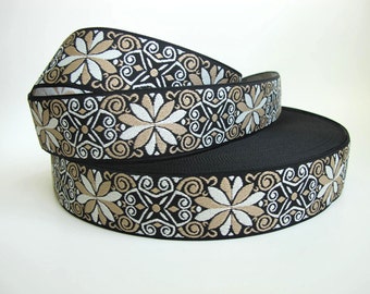 ICELANDIC Pinwheels Jacquard trim. Beige, white on black. Sold by the yard. 1 1/2 inch wide. 960-C Strap, guitar strap trim, camera strap