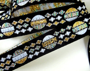 ECLIPSE, Moon, Sun and Stars Jacquard trim in Gold, Silver Turquoise on Black. Sold by the yard. 3/4 inch wide. 2058-A. Gothic Astronomy