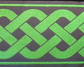 CELTIC RUNNING KNOT, wide, Jacquard trim. Green on black. Sold by the yard. 2 inch wide. 501-E Celtic Viking trim