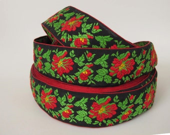 Pre-cut BAVARIA GARDENS wide Jacquard trim. Red, yellow, green, on black. Red edges. 1 7/8 inch wide. 2041-C. Bavarian trim. Red roses