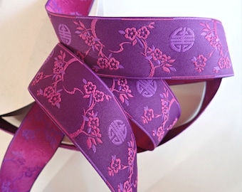 CHINESE BLOSSOMS Jacquard trim, cerise, purple, on purple, Sold by the yard. 1 1/2 inch wide. 696-B Sakura ribbon, Kimono pattern