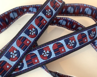 SHIELDS Jacquard trim in dark navy blue, burgundy maroon and medium blue. Sold by the yard. 3/4 inch wide. X3000-B. Medieval trim, SCA trim