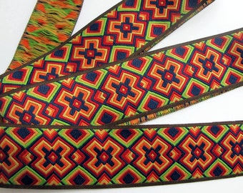 ETHIOPIA Jacquard trim in red, green, yellow, orange, black. Dark brown edges. Sold by the yard. 1 7/8 inch wide. 952-A African ribbon