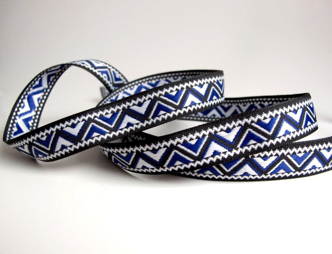 ZIGGURAT Jacquard Trim in Navy Blue, White on Black. Black Edges. Sold