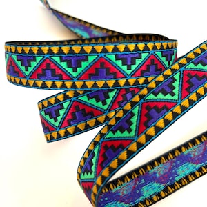 MACHU PICCHU narrow Jacquard trim in deep purple, red, apple green, mustard, black . Sold by the yard.7/8 inch wide. 992-B Geometric trim