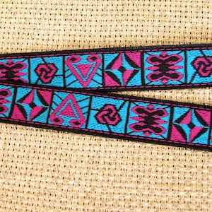 ADINKRA narrow Jacquard trim in fuchsia, black on turquoise. Black edges. Sold by the yard. 1/2 inch wide. 2015-B. African pattern
