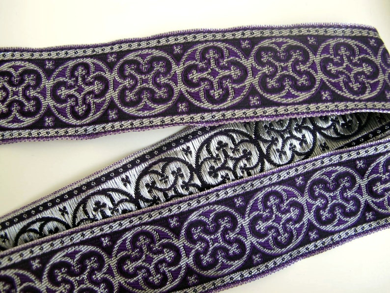 BYZANTINE Jacquard trim in metallic antique silver on purple. Sold by the yard. 1 5/8 inch wide. 958-C Brocade trim image 2