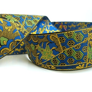 KIMONO Jacquard trim Green blue gold on black. Sold by the yard.  2 inch wide 964-A Japan trim