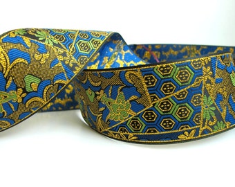 KIMONO Jacquard trim Green blue gold on black. Sold by the yard.  2 inch wide 964-A Japan trim