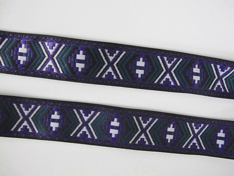 DESERT RIDE Jacquard trim in purple, green, white on black. Sold by the yard. 1 inch wide. 2086-A tribal trim South western trim image 2