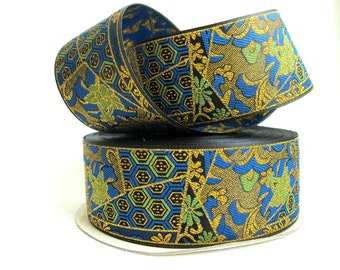 KIMONO Jacquard trim Green blue gold on black. Sold by the yard.  2 inch wide 964-A Japan trim