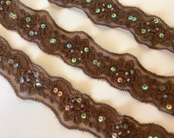 BROWN Stretch Lace with IRIS SEQUINS and Beads. Sold by the yard. 1 1/2 inch wide. 142-85. Embroidered lace