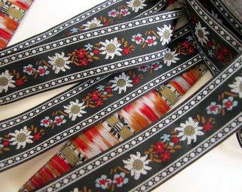 EDELWEISS and ENZIAN fabric Jacquard trim. White, red, light blue, brown, on black. Sold by the yard. 3/4 inch wide. 908(3)-A Bavarian trim