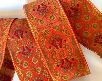Pre-cut odd length pieces ESCARBUNCLE 2 1/4" wide Jacquard trim in wine red,mustard, olive green, gold, on orange. 2 1/4 inch wide. 732(2)-C