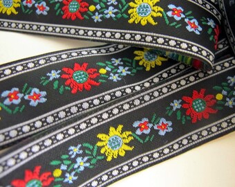 Pre-cut EDELWEISS & ENZIAN odd lengths Jacquard trim. Red, yellow, light blue, green, white, on black. 3/4 inch wide. 908(3)-B Bavarian trim