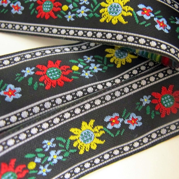 Pre-cut EDELWEISS & ENZIAN odd lengths Jacquard trim. Red, yellow, light blue, green, white, on black. 3/4 inch wide. 908(3)-B Bavarian trim