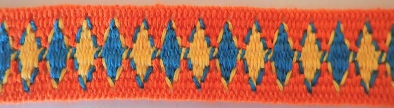 Rustic VOLOS Jacquard trim in turquoise, yellow on orange. Fully reversible. Sold by the yard. 6/8 inch wide. 2095-A Native style trim. image 7