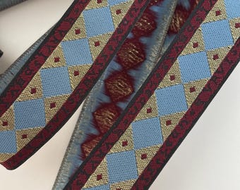 SURCOAT TRIM Jacquard trim in antique gold, periwinkle, wine red, black. 1 1/8 inch wide. 9180-A. sca trim, medieval trim celtic steampunk