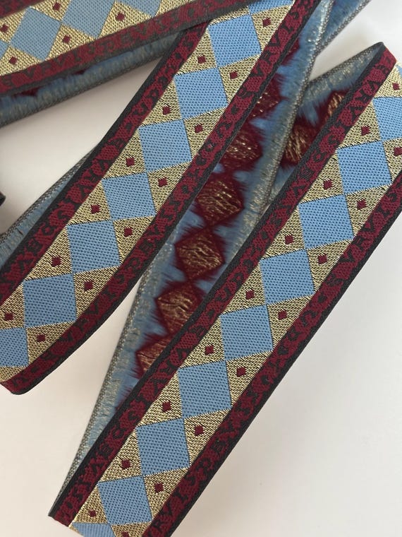 SURCOAT TRIM Jacquard trim in antique gold, periwinkle, wine red, black. 1 1/8 inch wide. 9180-A. sca trim, medieval trim celtic steampunk