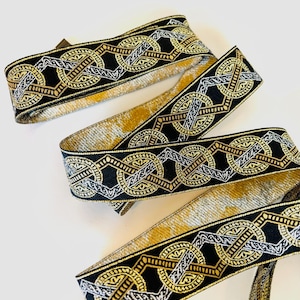 VIKING MEDALLION Jacquard trim in silver, gold, bronze on black. 1 1/8 inch wide. 286-A sca trim, medieval trim celtic