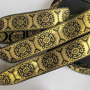 GEORGIAN SQUARES Jacquard trim in black on gold. Sold by the yard. 1 1/2 inch wide. 2282A. Brocade trim, Regency, Victorian trim image 1