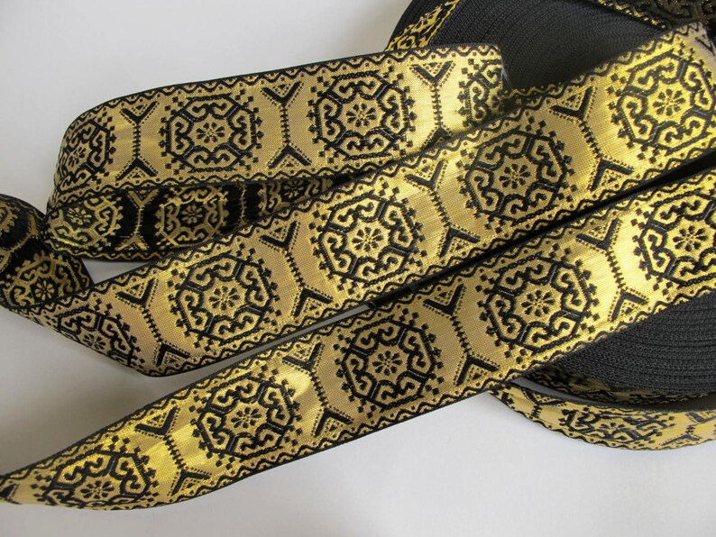 GEORGIAN SQUARES Jacquard trim in black on gold. Sold by the yard. 1 1/2 inch wide. 2282A. Brocade trim, Regency, Victorian trim image 1