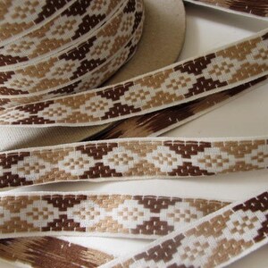 SCANDI DIAMONDS vintage Jacquard trim, beige and brown on white. Sold by the yard. 5/8 inch wide. V60-B. Geometric pattern, neutral tones image 2