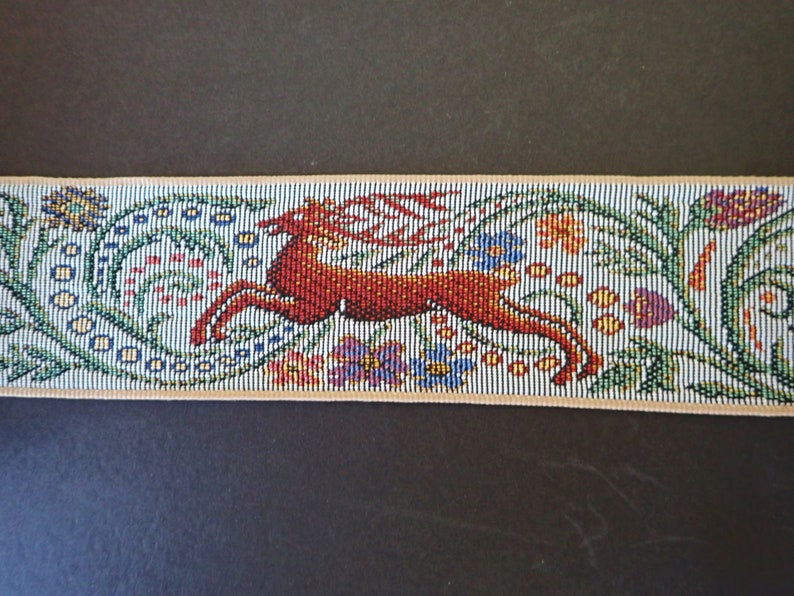 Pre-cut STAG and BLUE WOLF Jacquard tapestry strap pre-cut pieces, on light grey. Beige edges. 2 1/4 inches wide. 2093-B. Pre-cut pieces image 4