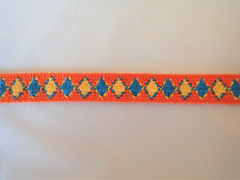 Rustic VOLOS Jacquard trim in turquoise, yellow on orange. Fully reversible. Sold by the yard. 6/8 inch wide. 2095-A Native style trim. image 5