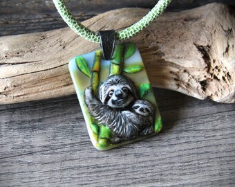 Amazing sweet Sloth mom and baby Necklace- Fused glass pendant by FannyD