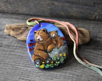 Brown Bear mom and baby necklace - fused glass pendant by FannyD