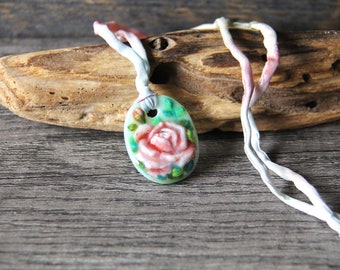 Delicate glass Rose Necklace, romantic fused glass pendant,  glass rose flower jewelry by FannyD