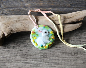 Bunny in the garden Necklace, fused glass pendant,  jewelry, bunny, flowers bed unique glass art by FannyD