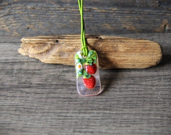 Strawberry necklace - unique fused glass pendant by FannyD