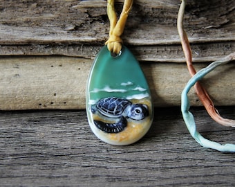 Sweet Baby Sea turtle on the beach - Unique Fused glass pendant by FannyD